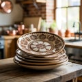 Stack of ceramic plates with brown floral pattern on wooden table Royalty Free Stock Photo