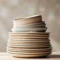 A stack of ceramic plates with a matte finish, featuring neutral tones of beige and Royalty Free Stock Photo