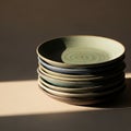 A stack of ceramic plates sits on a flat surface illuminated by soft lighting Royalty Free Stock Photo