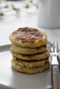 stack of cheese flapjacks. Rounf pancakes made from cotage cheese Royalty Free Stock Photo