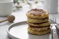 stack of cheese flapjacks. Rounf pancakes made from cotage cheese Royalty Free Stock Photo