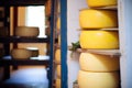 a stack of cheese wheels in a cellar Royalty Free Stock Photo