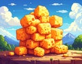 Stack of Cheesy Crackers on Wooden Surface with Mountain Landscape Background Royalty Free Stock Photo