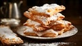 Stack of Chiacchiere in a serene home setting, powdered with sugar, a homemade carnival delight. Homestyle chiacchiere in a plate