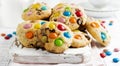 Stack of children`s cookies with colorful chocolate candies in a sugar glaze on a white light wooden background. Selective focus Royalty Free Stock Photo