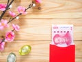 Stack of Chinese yuan money in red envelope or red packet Royalty Free Stock Photo