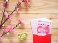 Stack of Chinese yuan money in red envelope or red packet Royalty Free Stock Photo