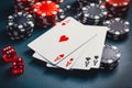 Stack of chips and cards on a table - poker game concept Royalty Free Stock Photo