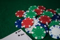 Stack of chips poker and two aces on the table on the green baize. Perspective view Royalty Free Stock Photo