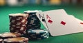 Stack of chips and two aces on the table on the green baize - poker game concept. Generative AI Royalty Free Stock Photo