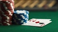 Stack of chips and two aces on the table on the green baize - poker game concept. Generative AI Royalty Free Stock Photo