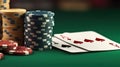 Stack of chips and two aces on the table on the green baize - poker game concept. Generative AI