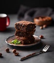 A stack of chocolate brownies with mint and hazelnuts on a dark background with cup of coffee and nuts Royalty Free Stock Photo