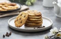Stack of chocolate chip cookies. Dark background. Sweet delicious snack Royalty Free Stock Photo