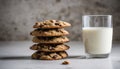 A stack of chocolate chip cookies and a glass of milk Royalty Free Stock Photo