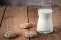 Stack of on chocolate chip cookies and glass of milk Royalty Free Stock Photo