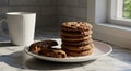 Stack of Chocolate Chip Cookies with Melting Chocolate and a Mug on Marble Counter Royalty Free Stock Photo
