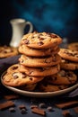 Stack of chocolate chip cookies on a plate, close up view. Homemade pastries. AI generated