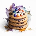 Stack of chocolate chip cookies on a white background with watercolor splashes AI generated animal ai Royalty Free Stock Photo