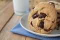 Close up picture of chocolate cookies in plate and a cup of milk Royalty Free Stock Photo