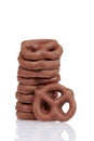 Stack of chocolate covered pretzels