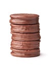 Stack of chocolate covered round sandwich cookies