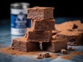 Stack of chocolate fudge brownies next to a can of cocoa powder