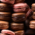 Stack of Chocolate Macaroons on Dark Background, Close-up, Seamless Pattern