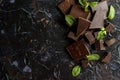 Stack of chocolate pieces with a leaf of mint on dark background Royalty Free Stock Photo