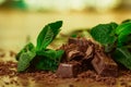 Stack of chocolate pieces with a leaf of mint on wooden background Royalty Free Stock Photo