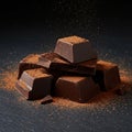 A stack of chocolate pieces is sprinkled with cocoa powder on a dark, textured Royalty Free Stock Photo