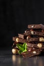 Stack of chocolate slices with mint leaf.Hazelnut and almond milk and dark chocolate pieces tower.Sweet food photo concept. The Royalty Free Stock Photo