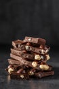 Stack of chocolate slices with mint leaf.Hazelnut and almond milk and dark chocolate pieces tower.Sweet food photo concept. The Royalty Free Stock Photo