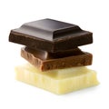 Stack of chocolate squares: dark, milk and white chocolate isolated on white. Rough edges