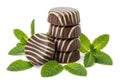 Stack of chocolate truffles with fresh mint leaves Royalty Free Stock Photo