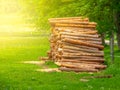 Stack of chopped wood logs on the green meadow. Timber pile Royalty Free Stock Photo