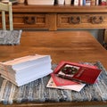 Stack of Christmas Cards on Kitchen Table Ready to mail.