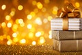 Stack of Christmas gift boxes against golden lights and bokeh background. Holiday greeting card Royalty Free Stock Photo