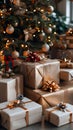 A stack of holiday gifts beneath the festive Christmas tree Royalty Free Stock Photo
