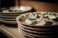a stack of christmas plates with holly designs on them sitting on a shelf in a kitchen with a light shining on the plates
