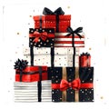 A rectangle of Christmas presents wrapped in red and black with bows Royalty Free Stock Photo