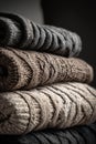 Stack of chunky knitted sweaters, mixed rib and cable textures, top view Royalty Free Stock Photo