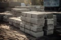 Stack Of Cinder Blocks, Ready For Construction. Generative AI Royalty Free Stock Photo