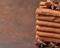stack of cinnamon sticks and star anise Royalty Free Stock Photo