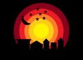 A stack of circles in gradation warm colors representing sunset with silhouette of city buildings black backdrop Royalty Free Stock Photo