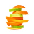 Stack of citrus sliced fruits over white isolated background