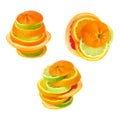 Stack of citrus sliced fruits over white isolated background