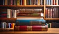 Stack of classic books on wooden table in library Royalty Free Stock Photo