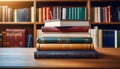 Stack of classic books on wooden table in library Royalty Free Stock Photo