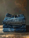 Stack of Classic Folded Denim Jeans on a Rustic Surface Royalty Free Stock Photo